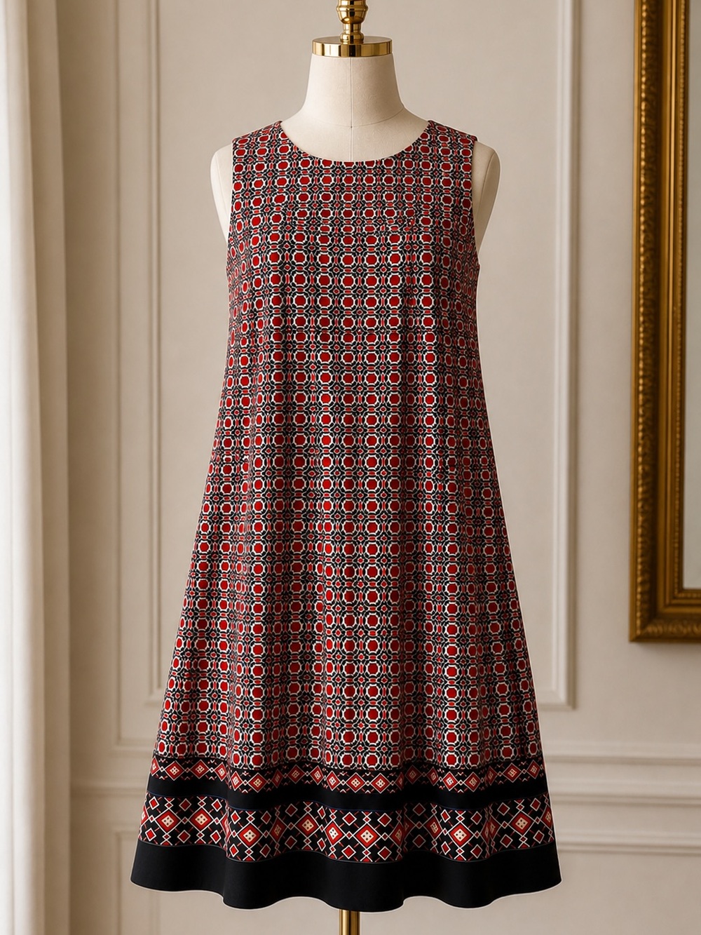 Knot Sisters Sleeveless Geometric Print Dress in Red & Black